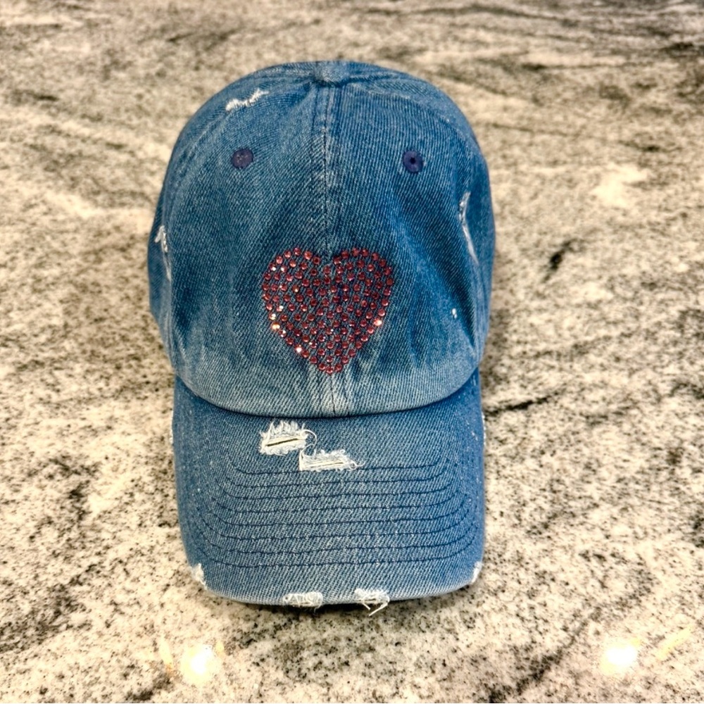 New Custom Designed Blue Distressed Baseball Cap with Pink Beaded Crystal Heart